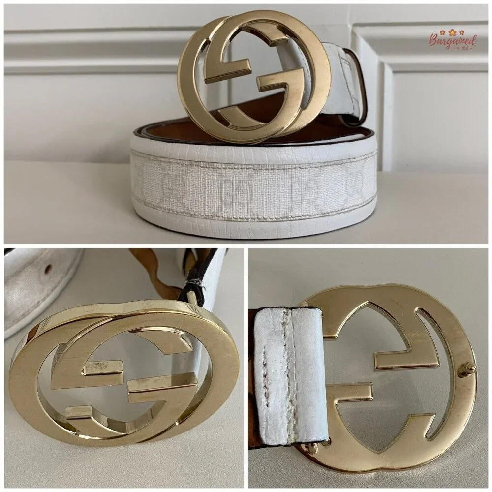Authentic GUCCI White GG Plus Coated Canvas Leather Interlocking G Belt 80/32 - Picture 2 of 13